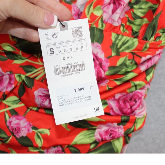 Zara Bodysuit Small Red Floral Print High Cut Sleeveless Summer Beach Vacation - Picture 3 of 6